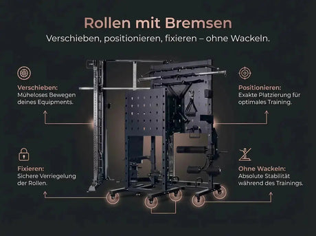 Force USA Storage Rack Pro Zubehörregal, Regal mit Bremsen Informationsgrafik
