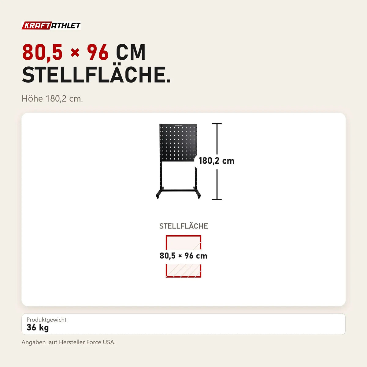 Maßbild Force USA Storage Rack Pro Zubehörregal: Stellfläche 80,5 × 96 cm, Höhe 180,2 cm