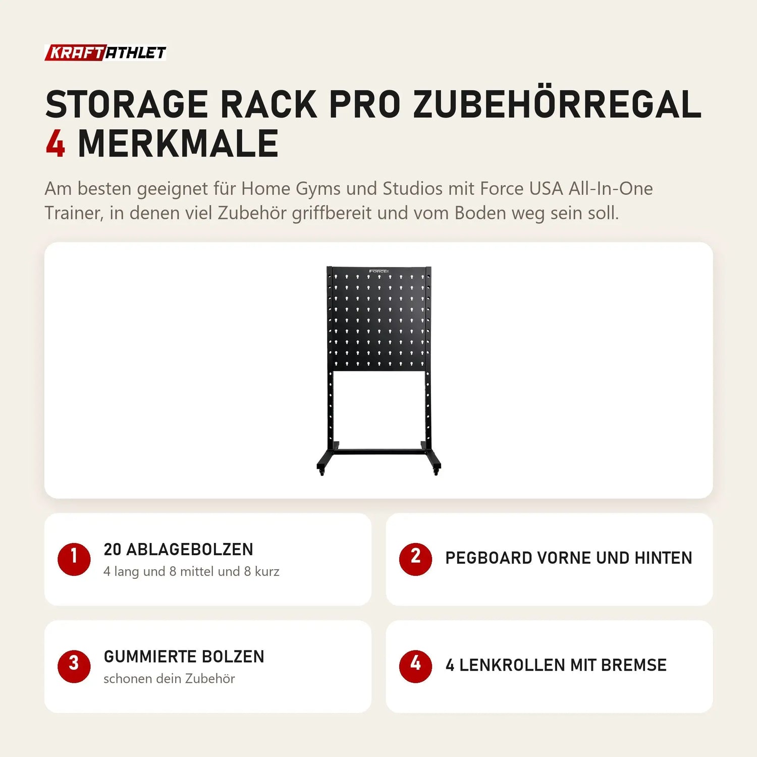 Force USA Storage Rack Pro Zubehörregal mit 4 Merkmalen: 20 Ablagebolzen, Pegboard vorne und hinten, Gummierte Bolzen, 4 Lenkrollen mit Bremse