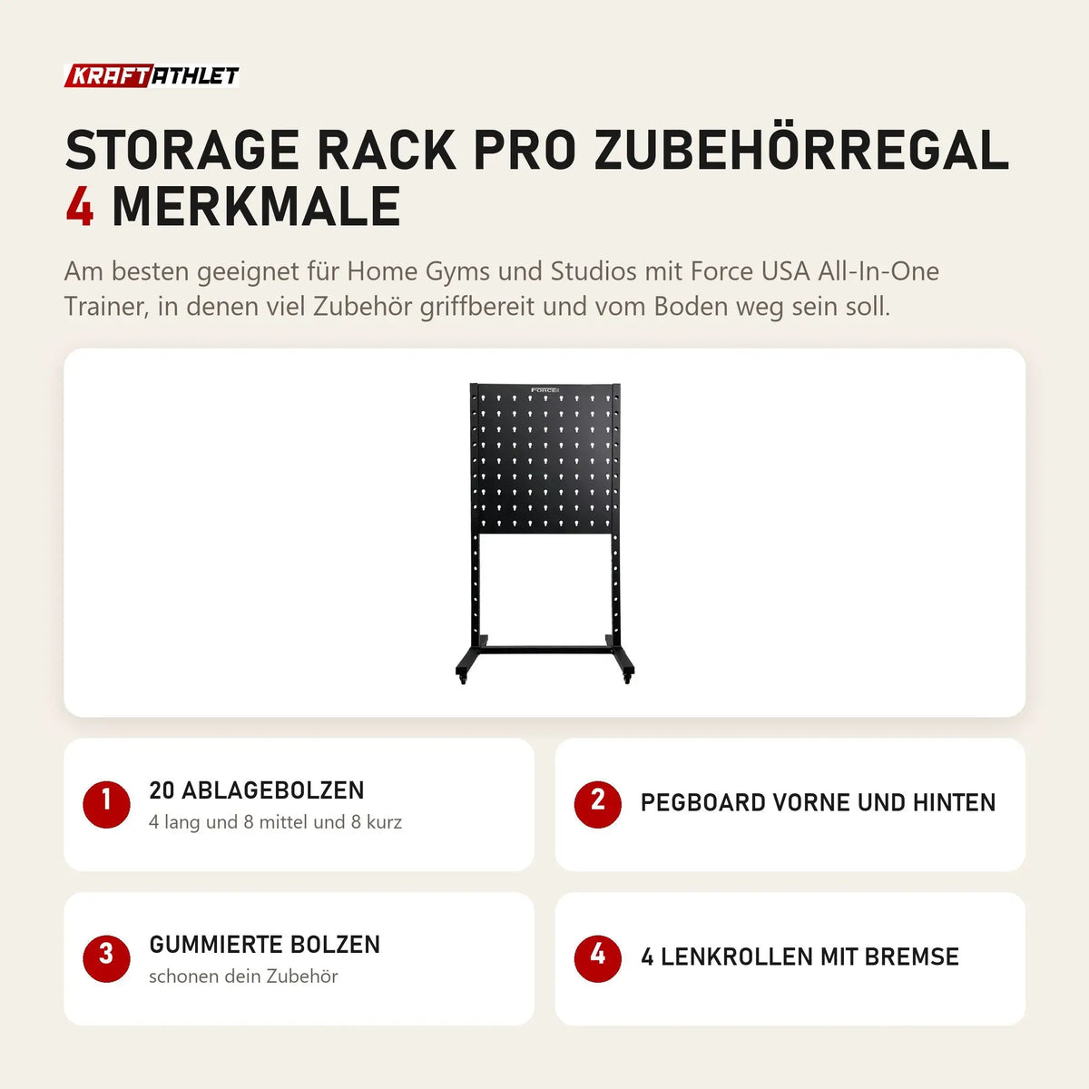 Force USA Storage Rack Pro Zubehörregal mit 4 Merkmalen: 20 Ablagebolzen, Pegboard vorne und hinten, Gummierte Bolzen, 4 Lenkrollen mit Bremse