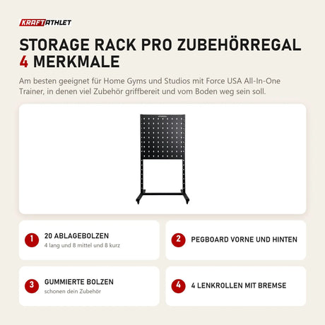 Force USA Storage Rack Pro Zubehörregal mit 4 Merkmalen: 20 Ablagebolzen, Pegboard vorne und hinten, Gummierte Bolzen, 4 Lenkrollen mit Bremse