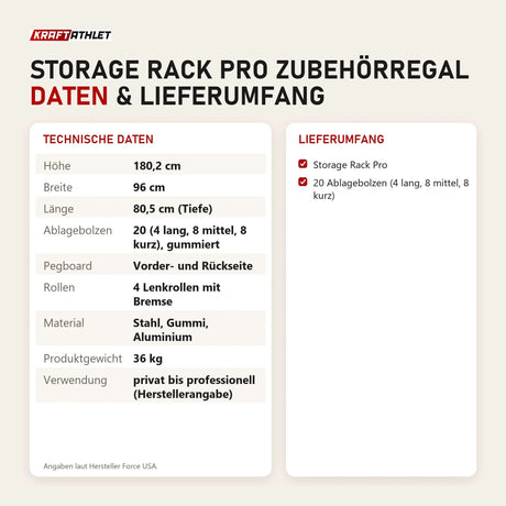 Technische Daten und Lieferumfang von Force USA Storage Rack Pro Zubehörregal als Tabelle