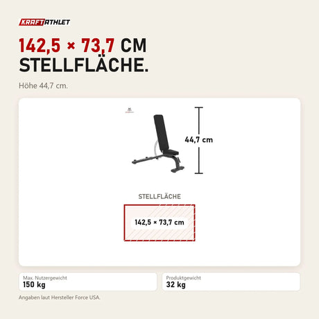 Maßbild Force USA Studio FID Bank verstellbar: Stellfläche 142,5 × 73,7 cm, Höhe 44,7 cm