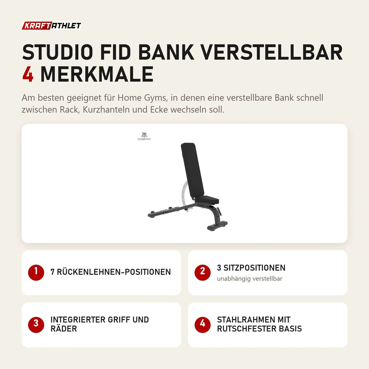 Force USA Studio FID Bank verstellbar mit 4 Merkmalen: 7 Rückenlehnen-Positionen, 3 Sitzpositionen, Integrierter Griff und Räder, Stahlrahmen mit rutschfester Basis