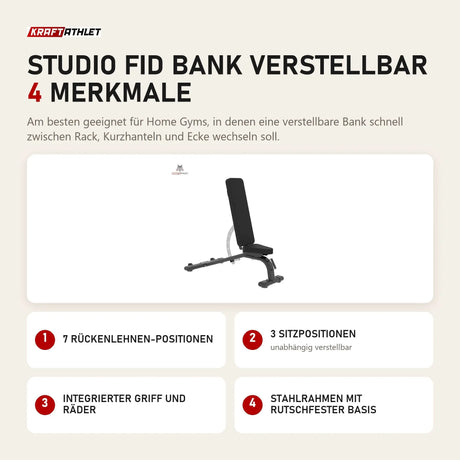 Force USA Studio FID Bank verstellbar mit 4 Merkmalen: 7 Rückenlehnen-Positionen, 3 Sitzpositionen, Integrierter Griff und Räder, Stahlrahmen mit rutschfester Basis