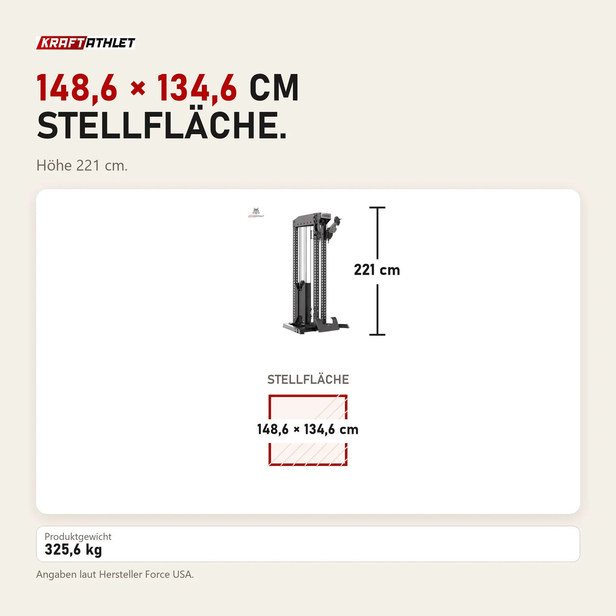 Maßbild Force USA Tandem Tower Kabelturm: Stellfläche 148,6 × 134,6 cm, Höhe 221 cm