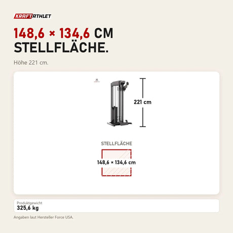 Maßbild Force USA Tandem Tower Kabelturm: Stellfläche 148,6 × 134,6 cm, Höhe 221 cm