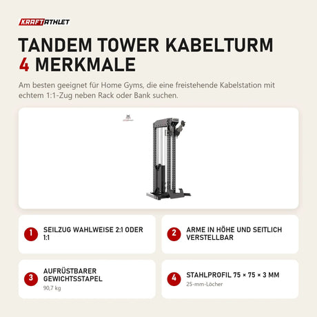 Force USA Tandem Tower Kabelturm mit 4 Merkmalen: Seilzug wahlweise 2:1 oder 1:1, Arme in Höhe und seitlich verstellbar, Aufrüstbarer Gewichtsstapel, Stahlprofil 75 × 75 × 3 mm