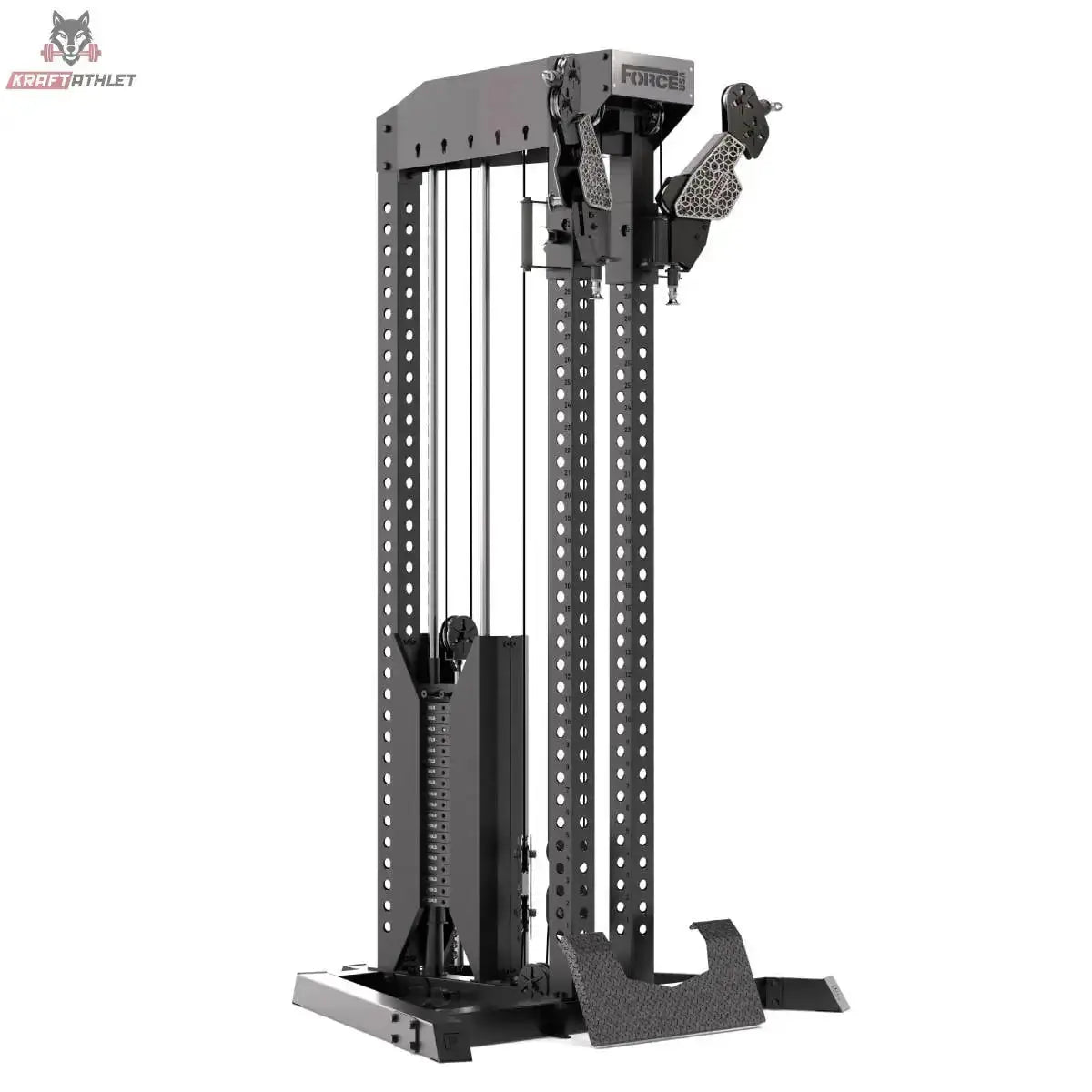 Force USA Tandem Tower Kabelturm in Schrägansicht mit zwei Seilzugarmen und Gewichtsstapel