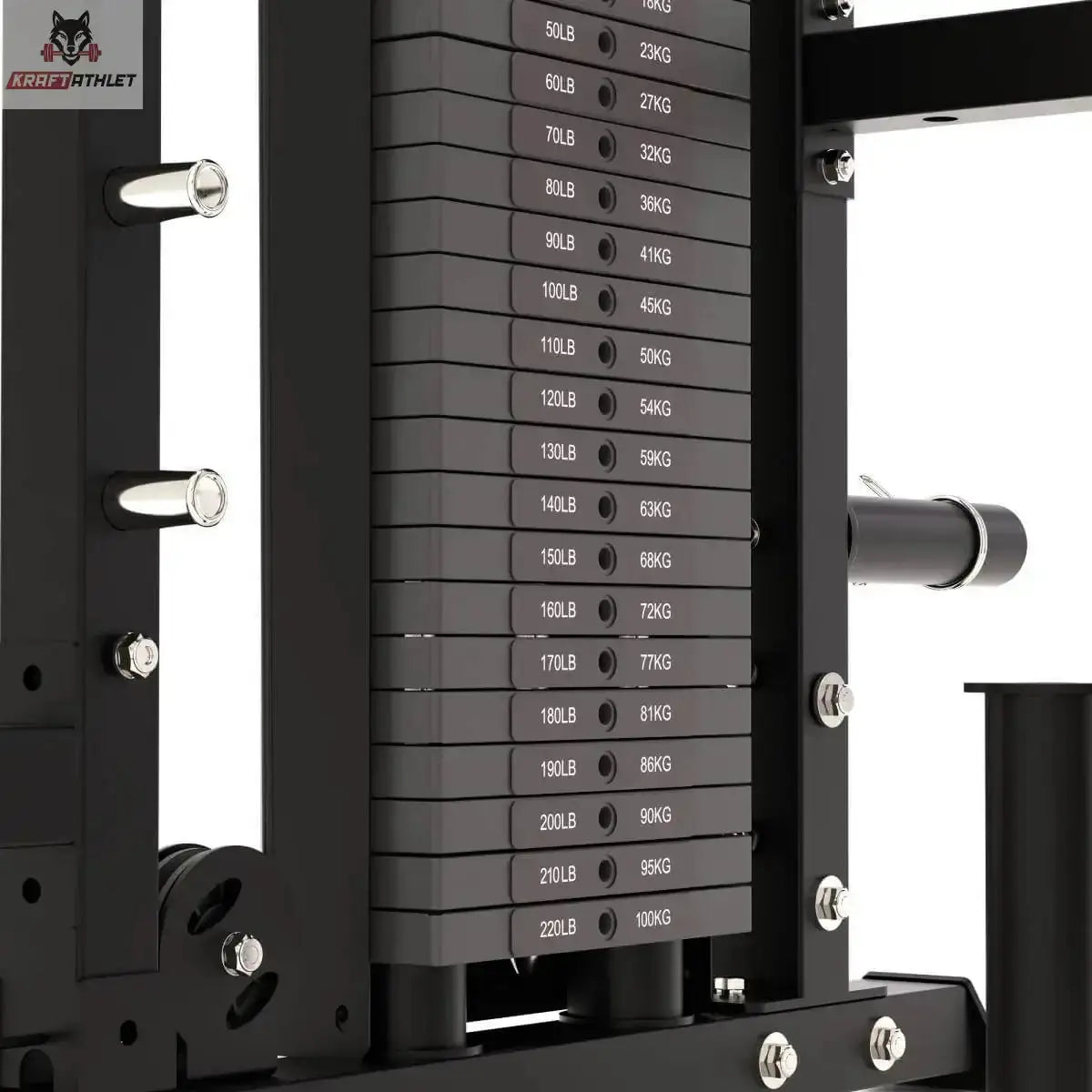 Force USA Tandem Tower Zusatzgewicht 1 × 22,5 kg, Nahaufnahme der gestapelten Gewichtsplatten mit Beschriftung