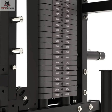 Force USA Tandem Tower Zusatzgewicht 1 × 22,5 kg, Nahaufnahme der gestapelten Gewichtsplatten mit Beschriftung