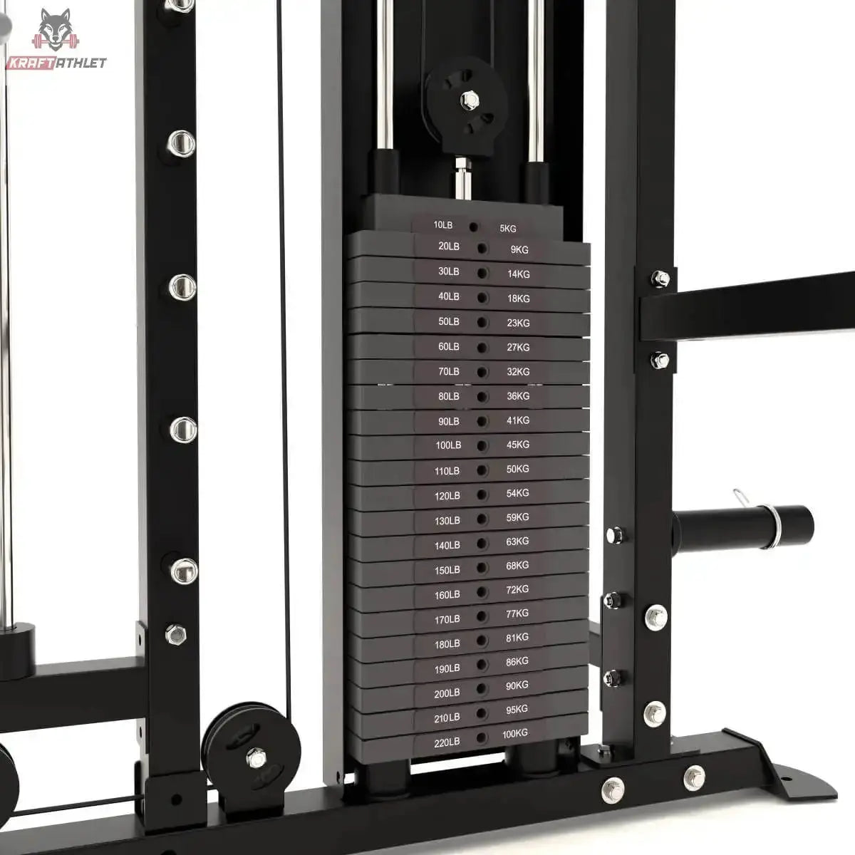 Force USA Tandem Tower Zusatzgewicht 1 × 22,5 kg, Gewichtsstapel im Rahmen, seitliche Schrägansicht