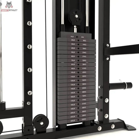 Force USA Tandem Tower Zusatzgewicht 1 × 22,5 kg, Gewichtsstapel im Rahmen, seitliche Schrägansicht
