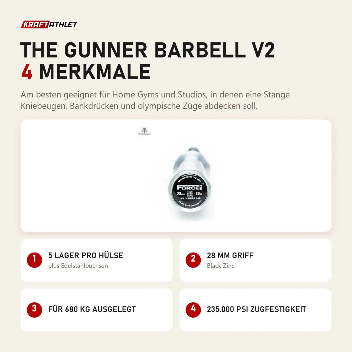 Force USA The Gunner Barbell V2 mit 4 Merkmalen: 5 Lager pro Hülse, 28 mm Griff, Für 680 kg ausgelegt, 235.000 PSI Zugfestigkeit