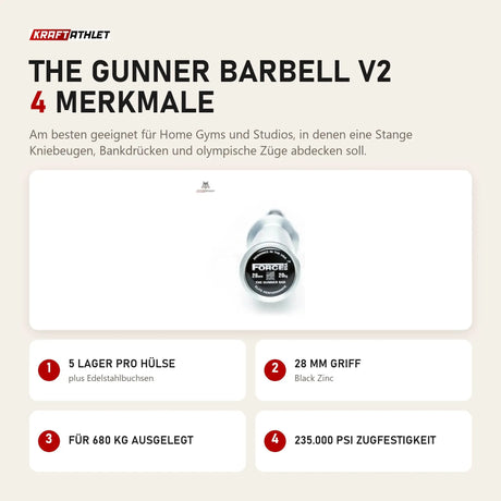 Force USA The Gunner Barbell V2 mit 4 Merkmalen: 5 Lager pro Hülse, 28 mm Griff, Für 680 kg ausgelegt, 235.000 PSI Zugfestigkeit