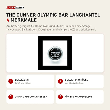 Force USA The Gunner Olympic Bar Langhantel mit 4 Merkmalen: Black Zinc, 5 Lager pro Hülse, 28 mm Griffdurchmesser, Für 680 kg ausgelegt