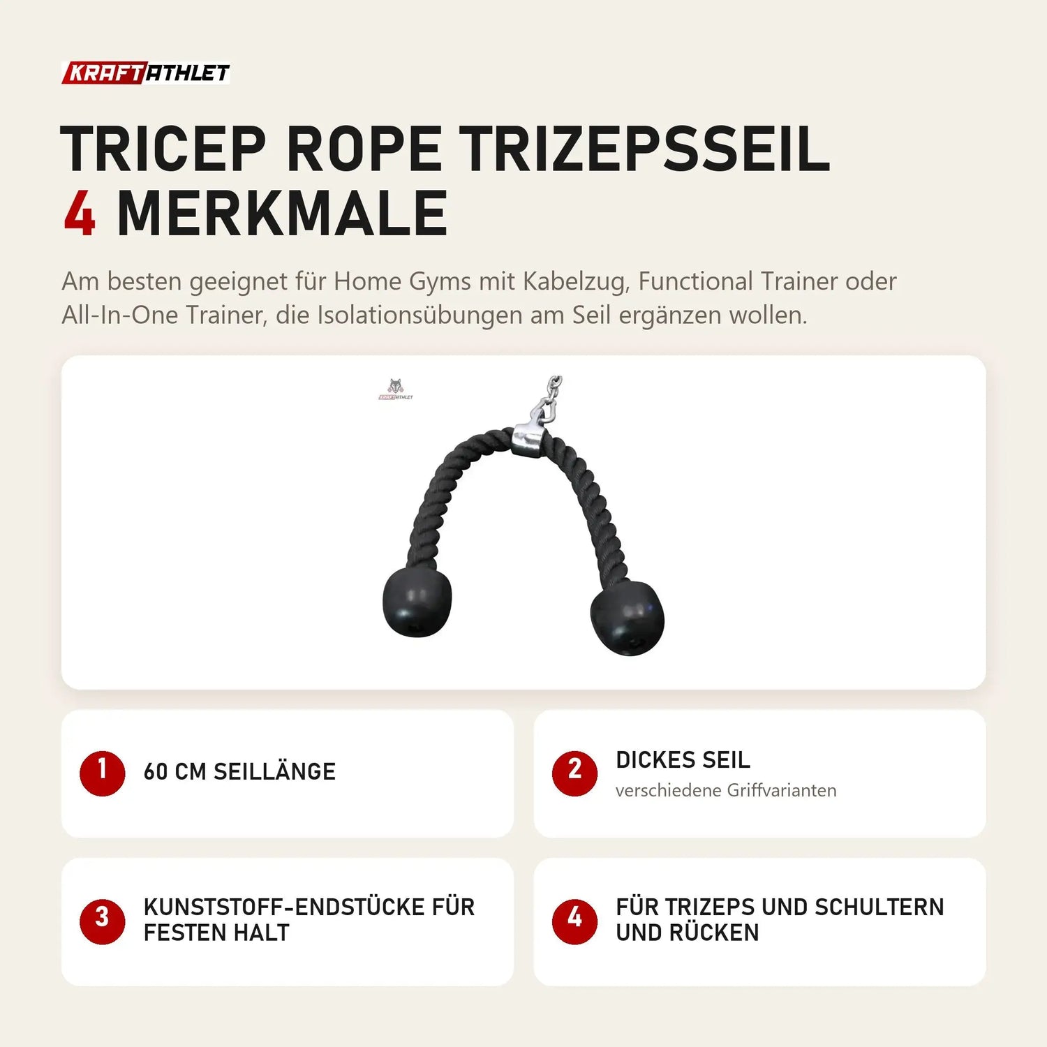 Force USA Tricep Rope Trizepsseil mit 4 Merkmalen: 60 cm Seillänge, Dickes Seil, Kunststoff-Endstücke für festen Halt, Für Trizeps und Schultern und Rücken
