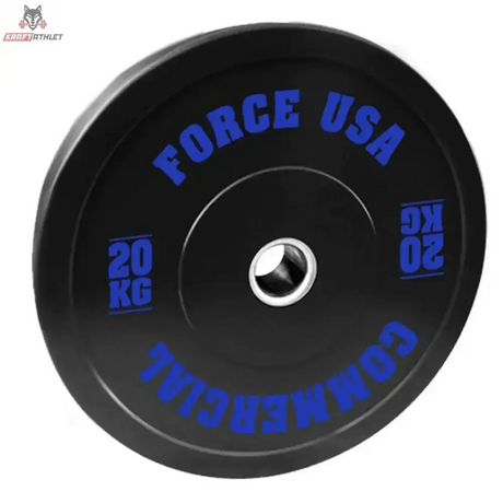 Force USA Ultimate Training Bumper Plate 20 kg, schwarze Scheibe mit blauer Schrift, Frontansicht