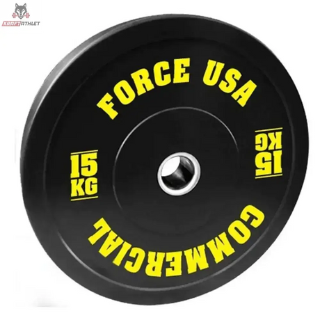Force USA Ultimate Training Bumper Plate 20 kg, schwarze Scheibe mit gelber Schrift, Frontansicht