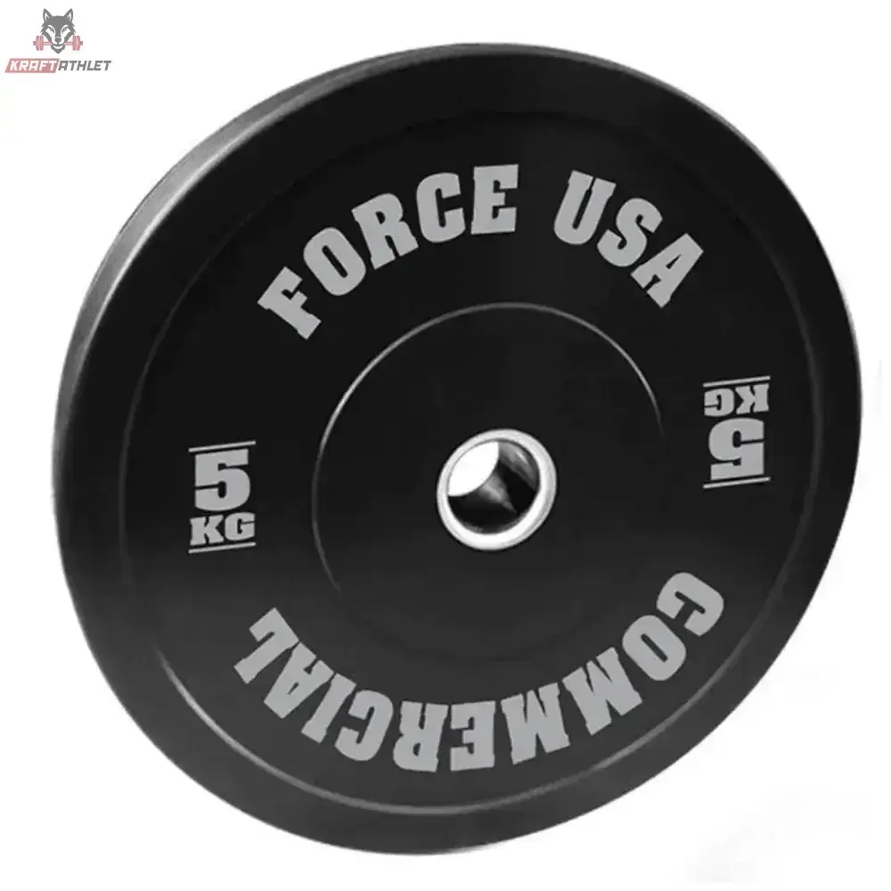Force USA Ultimate Training Bumper Plate 20 kg, schwarze Scheibe mit grauer Schrift, Frontansicht