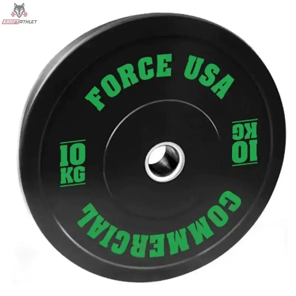 Force USA Ultimate Training Bumper Plate 20 kg, schwarze Scheibe mit grüner Schrift, Frontansicht
