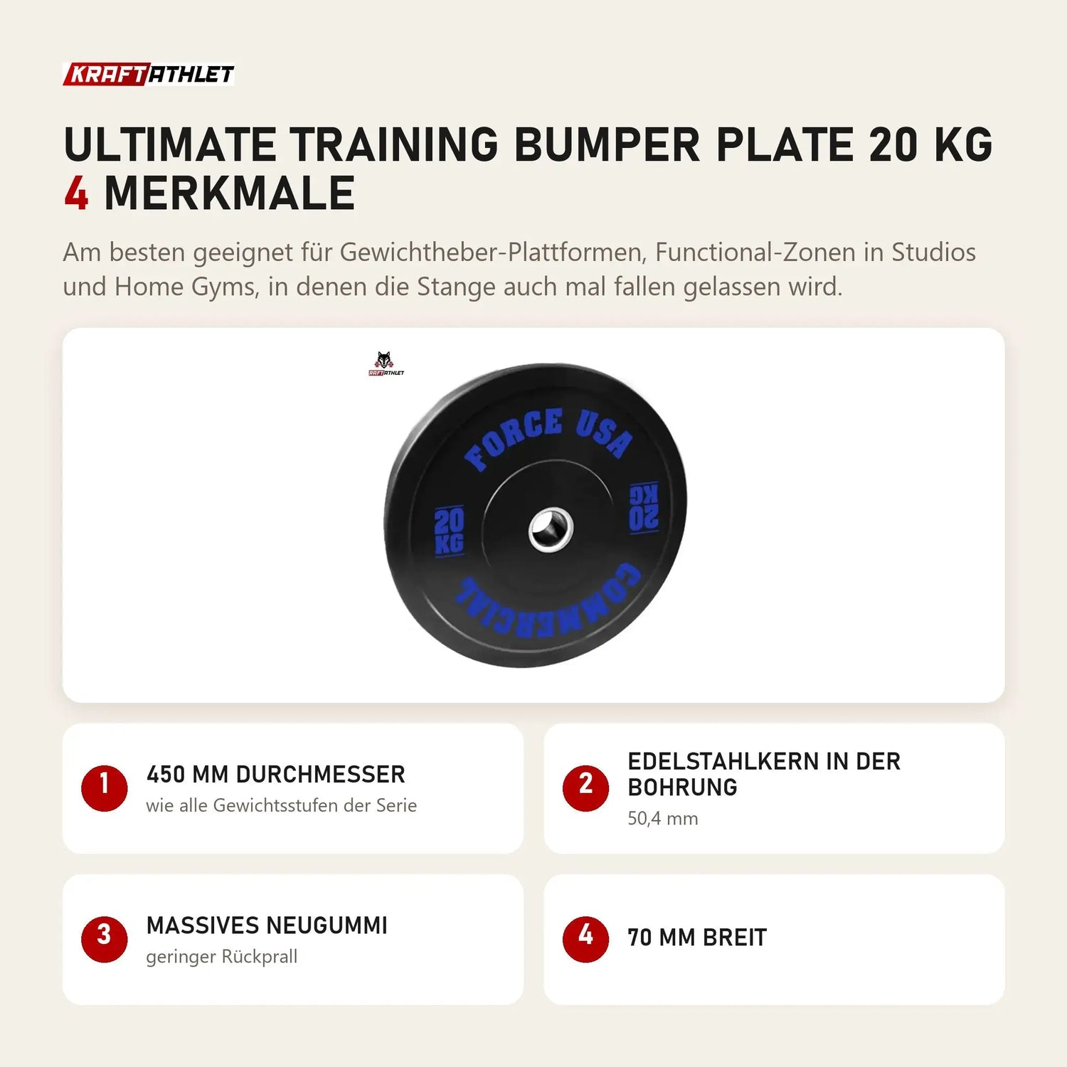 Force USA Ultimate Training Bumper Plate 20 kg mit 4 Merkmalen: 450 mm Durchmesser, Edelstahlkern in der Bohrung, Massives Neugummi, 70 mm breit