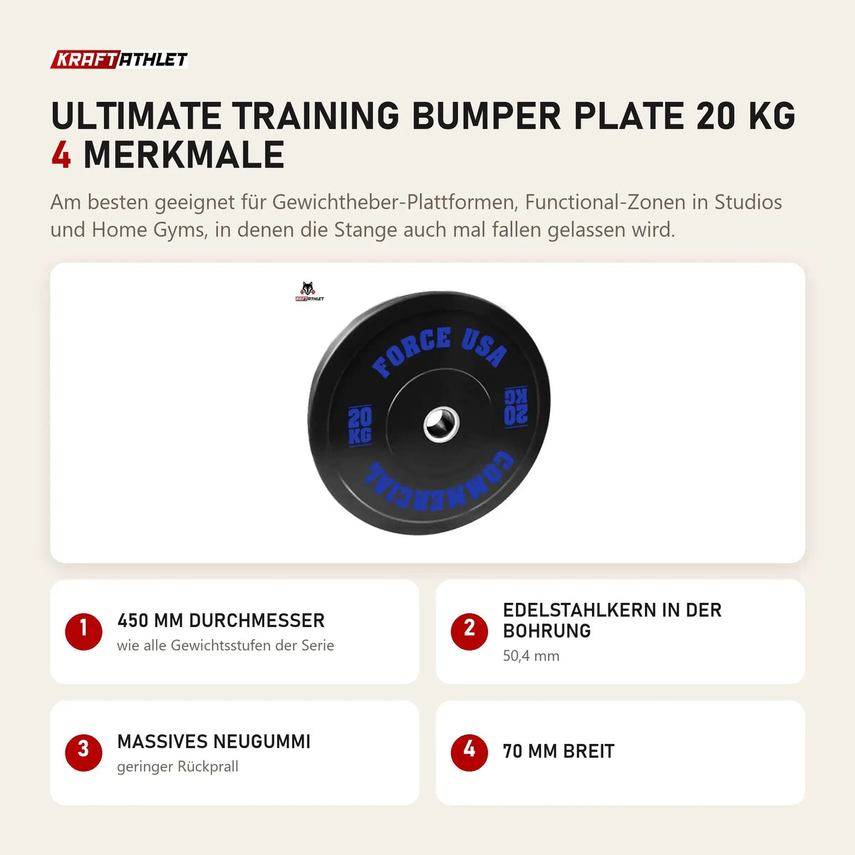 Force USA Ultimate Training Bumper Plate 20 kg mit 4 Merkmalen: 450 mm Durchmesser, Edelstahlkern in der Bohrung, Massives Neugummi, 70 mm breit
