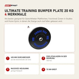Force USA Ultimate Training Bumper Plate 20 kg mit 4 Merkmalen: 450 mm Durchmesser, Edelstahlkern in der Bohrung, Massives Neugummi, 70 mm breit