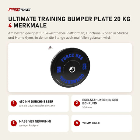 Force USA Ultimate Training Bumper Plate 20 kg mit 4 Merkmalen: 450 mm Durchmesser, Edelstahlkern in der Bohrung, Massives Neugummi, 70 mm breit