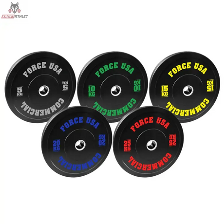 Force USA Ultimate Training Bumper Plate 20 kg, fünf Scheiben mit farbiger Schrift im Überblick
