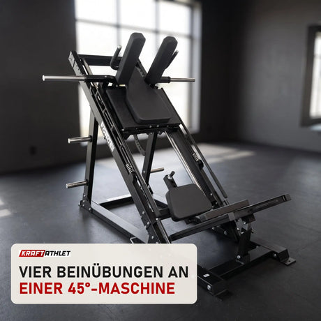 Force USA Ultimate V2 Leg Press & Hack Squat in einem fertig eingerichteten Studio mit dunklen Wänden und Gummiboden