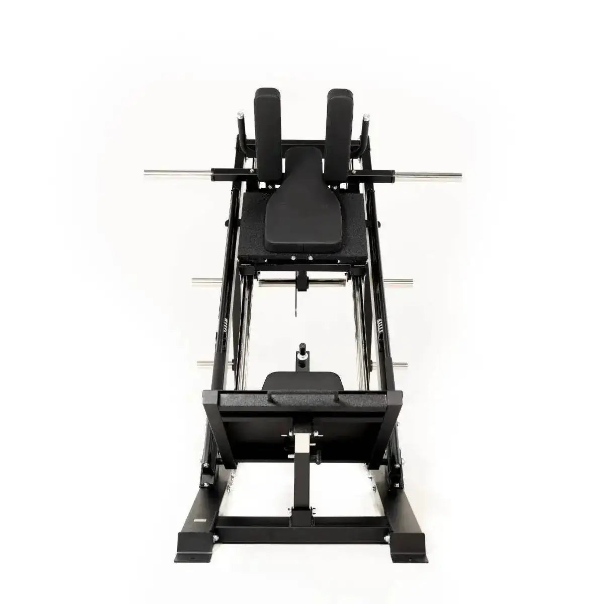 Force USA Ultimate V2 Leg Press & Hack Squat: Vorderansicht mit Schulterpolstern und Hantelscheibenhaltern