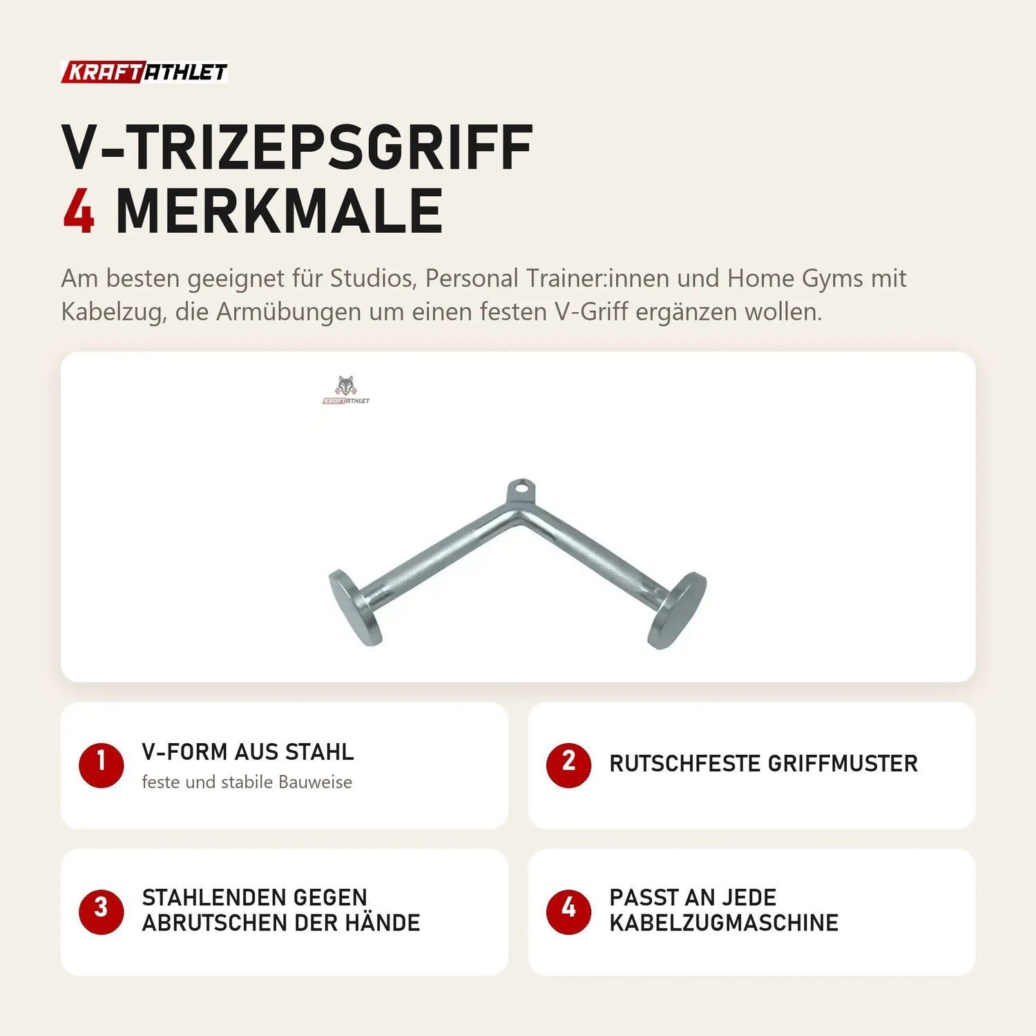 Force USA V-Trizepsgriff mit 4 Merkmalen: V-Form aus Stahl, Rutschfeste Griffmuster, Stahlenden gegen Abrutschen der Hände, Passt an jede Kabelzugmaschine