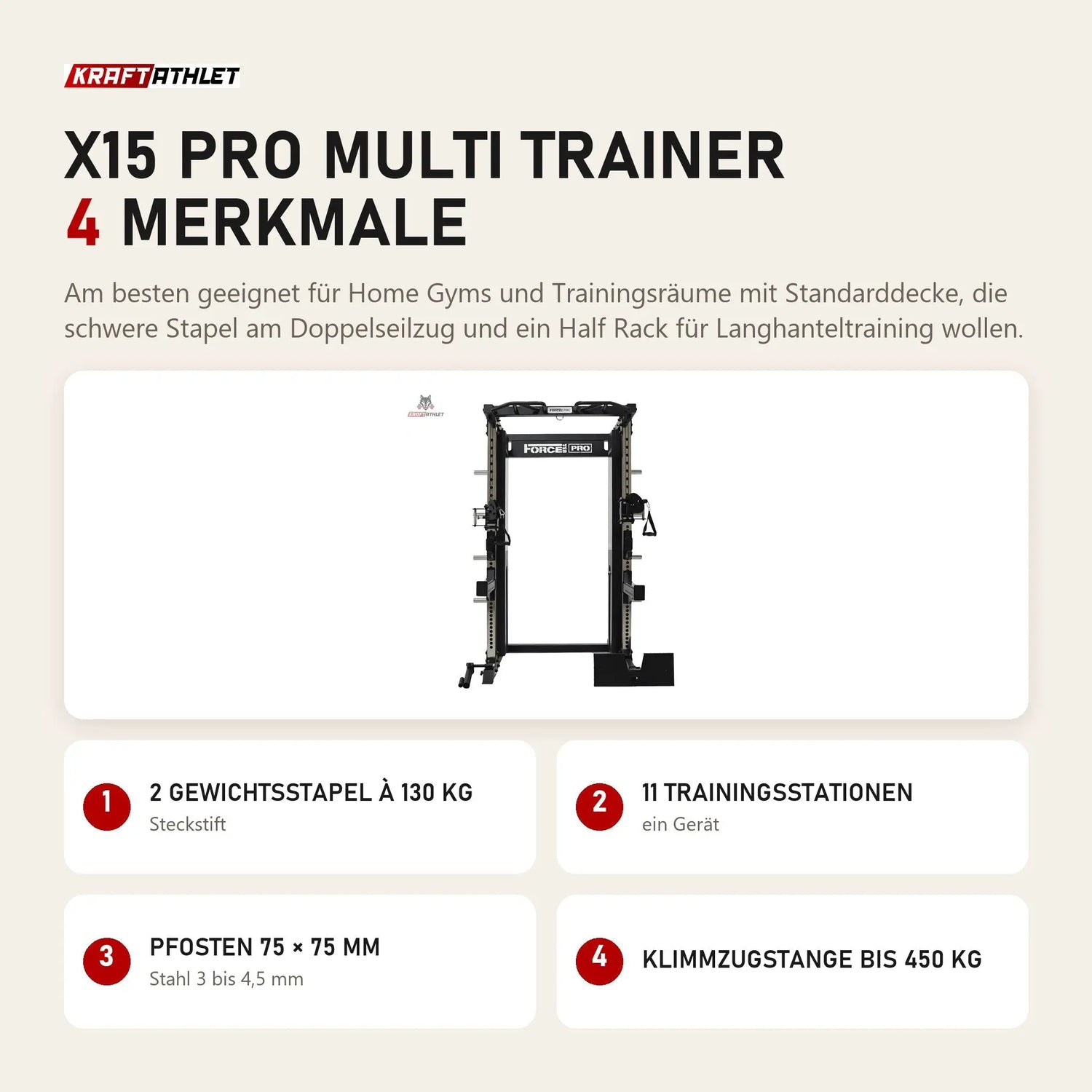 Force USA X15 Pro Multi Trainer mit 4 Merkmalen: 2 Gewichtsstapel à 130 kg, 11 Trainingsstationen, Pfosten 75 × 75 mm, Klimmzugstange bis 450 kg