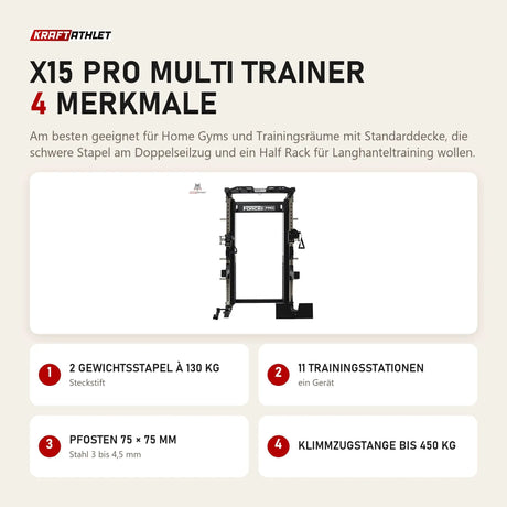 Force USA X15 Pro Multi Trainer mit 4 Merkmalen: 2 Gewichtsstapel à 130 kg, 11 Trainingsstationen, Pfosten 75 × 75 mm, Klimmzugstange bis 450 kg