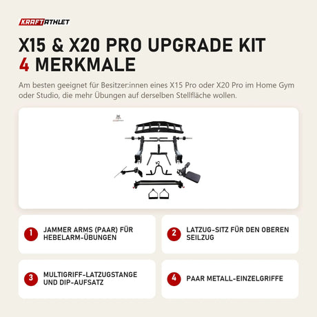 Force USA X15 & X20 Pro Upgrade Kit mit 4 Merkmalen: Jammer Arms (Paar) für Hebelarm-Übungen, Latzug-Sitz für den oberen Seilzug, Multigriff-Latzugstange und Dip-Aufsatz, Paar Metall-Einzelgriffe