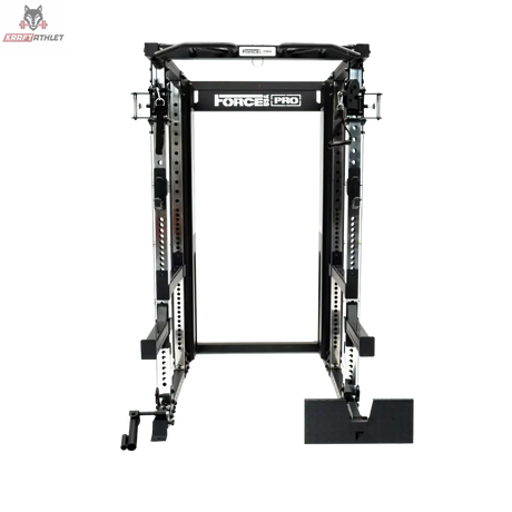 Force USA X20 Pro Multi Trainer in Schwarz, Frontansicht mit Rahmen, Klimmzugstange und Plattform