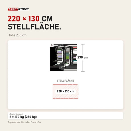 Maßbild Force USA X20 Pro Multi Trainer: Stellfläche 220 × 130 cm, Höhe 230 cm