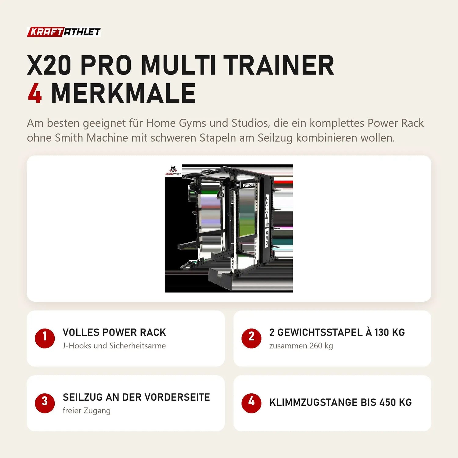 Force USA X20 Pro Multi Trainer mit 4 Merkmalen: Volles Power Rack, 2 Gewichtsstapel à 130 kg, Seilzug an der Vorderseite, Klimmzugstange bis 450 kg