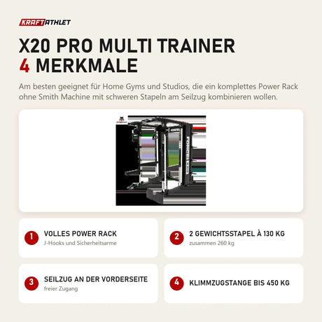 Force USA X20 Pro Multi Trainer mit 4 Merkmalen: Volles Power Rack, 2 Gewichtsstapel à 130 kg, Seilzug an der Vorderseite, Klimmzugstange bis 450 kg
