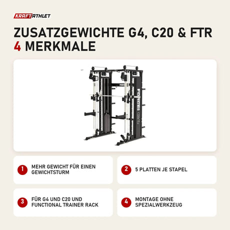 Force USA Zusatzgewichte G4, C20 & FTR mit 4 Merkmalen: Mehr Gewicht für einen Gewichtsturm, 5 Platten je Stapel, Für G4 und C20 und Functional Trainer Rack, Montage ohne Spezialwerkzeug