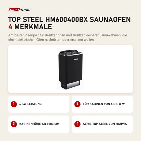 Harvia Top Steel HM600400BX Saunaofen mit 4 Merkmalen: 6 kW Leistung, Für Kabinen von 5 bis 8 m³, Kabinenhöhe ab 1.900 mm, Serie Top Steel