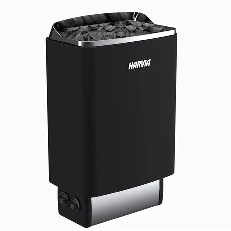 Harvia Top Steel HM600400BX Saunaofen in Schrägansicht mit Saunasteinen, schwarz mit Edelstahlsockel