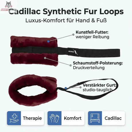 Hegren Cadillac Fur Loops in Bordeaux, Grafik mit Beschriftung von Kunstfell-Futter, Polsterung und Gurt