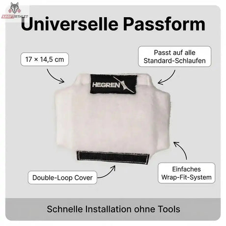 Hegren Double Loop Covers, Grafik zur Passform mit Maßangabe und Montage per Klettverschluss