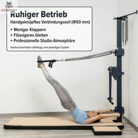 Hegren Double Loop Ropes, Infografik zum leisen Betrieb, Frau trainiert am Reformer