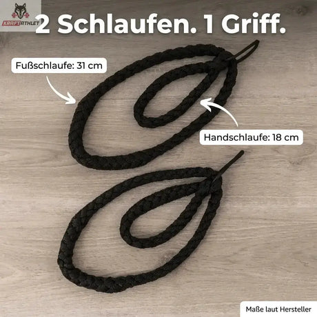 Hegren Double Loop Ropes, Infografik mit den Maßen von Fuß- und Handschlaufe
