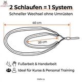 Hegren Double Loop Straps, Infografik mit den Maßen der beiden Schlaufen