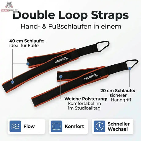 Hegren Double Loop Straps, Infografik mit Schlaufengrößen und Polsterung