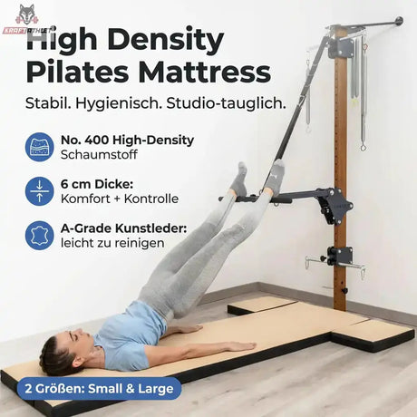 Hegren High Density Pilates-Matte als Übersichtsgrafik mit Übung in Rückenlage an der Wand-Pilates-Station